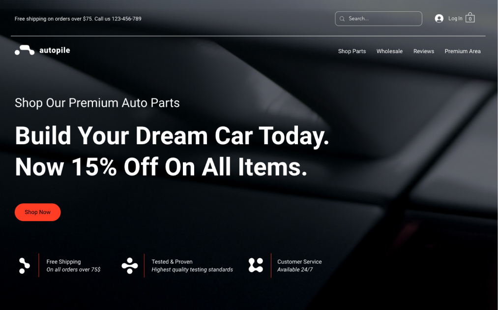 A website template for an online store selling auto parts on Wix.