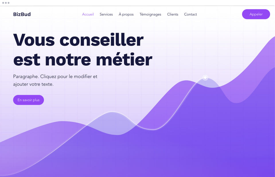 Page d'accueil d'un site de société de consulting avec titre en noir sur un fond violet et image de graphique en dégradé de violet.