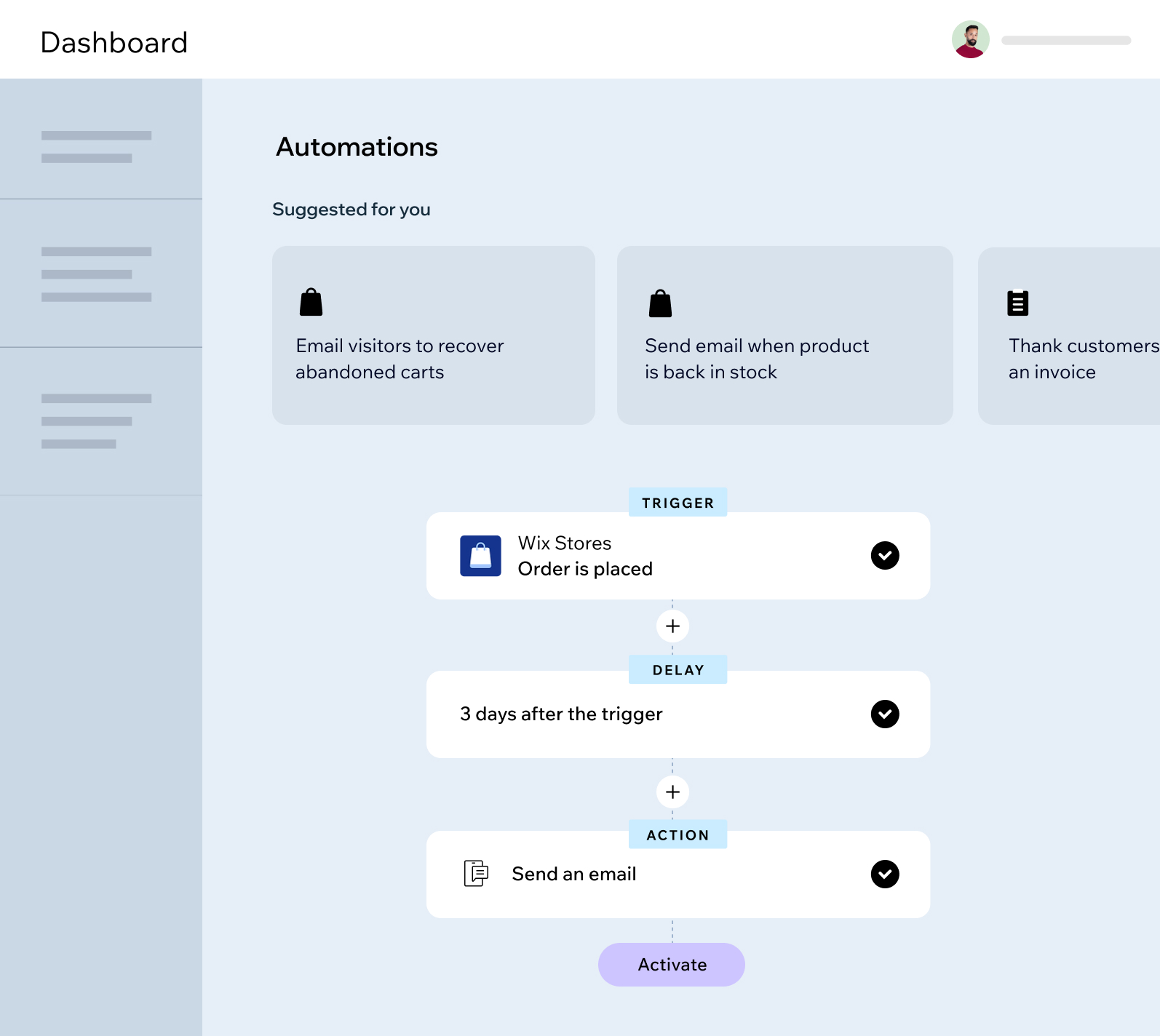 User dashboard for creating automations