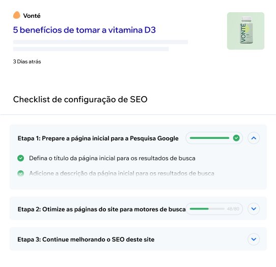 Lista de verificação de SEO em um editor de site.