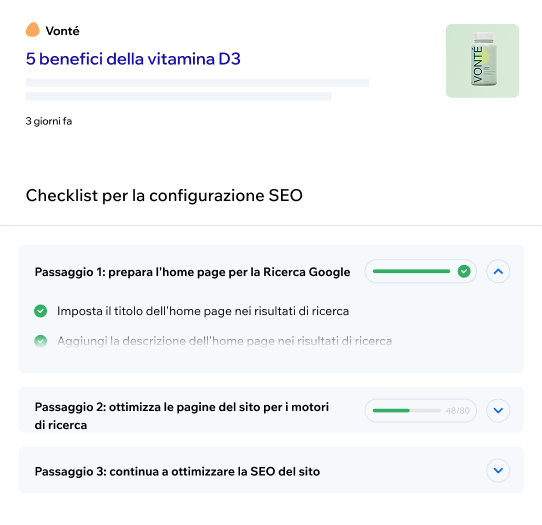 Checklist per la configurazione SEO di un sito web di integratori.